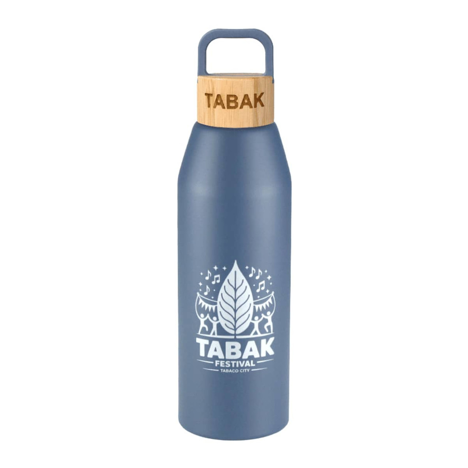 A drink bottle in blue with a bamboo lid and a logo, designed for reusable use.