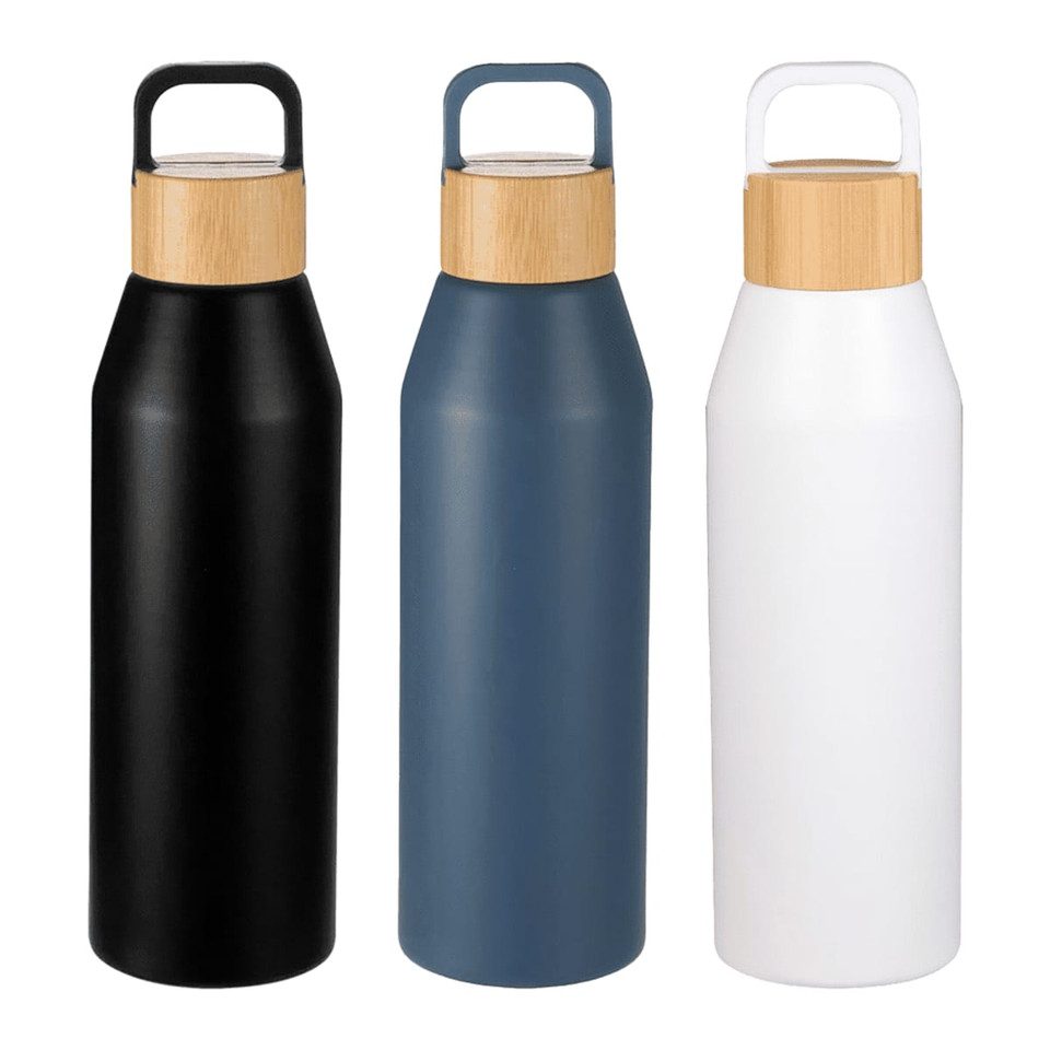 A drink bottle collection featuring black, navy, and white options, each with a bamboo lid and a logo.