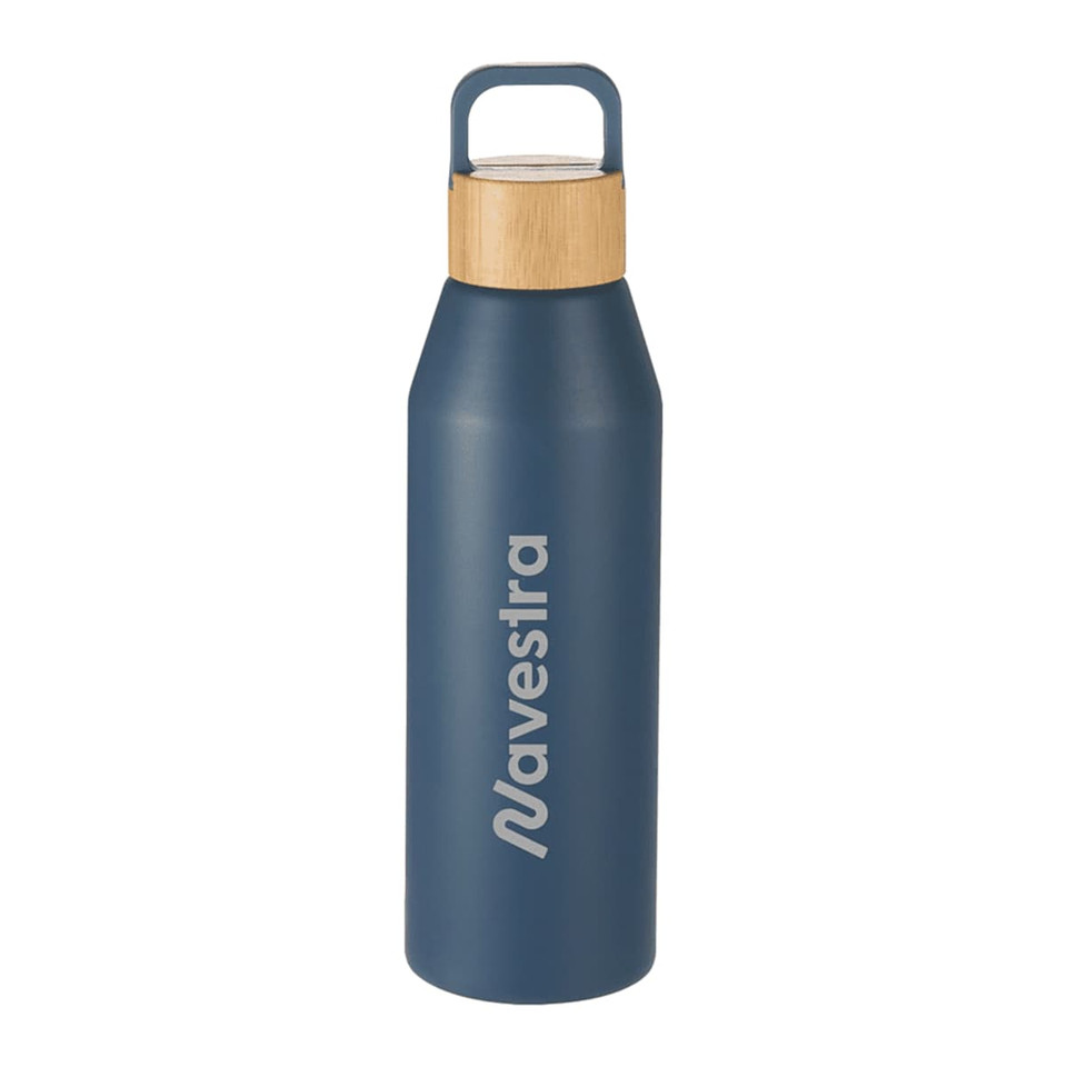 A drink bottle in navy blue with a bamboo lid and a logo on the side, made from recycled materials, 1L capacity.