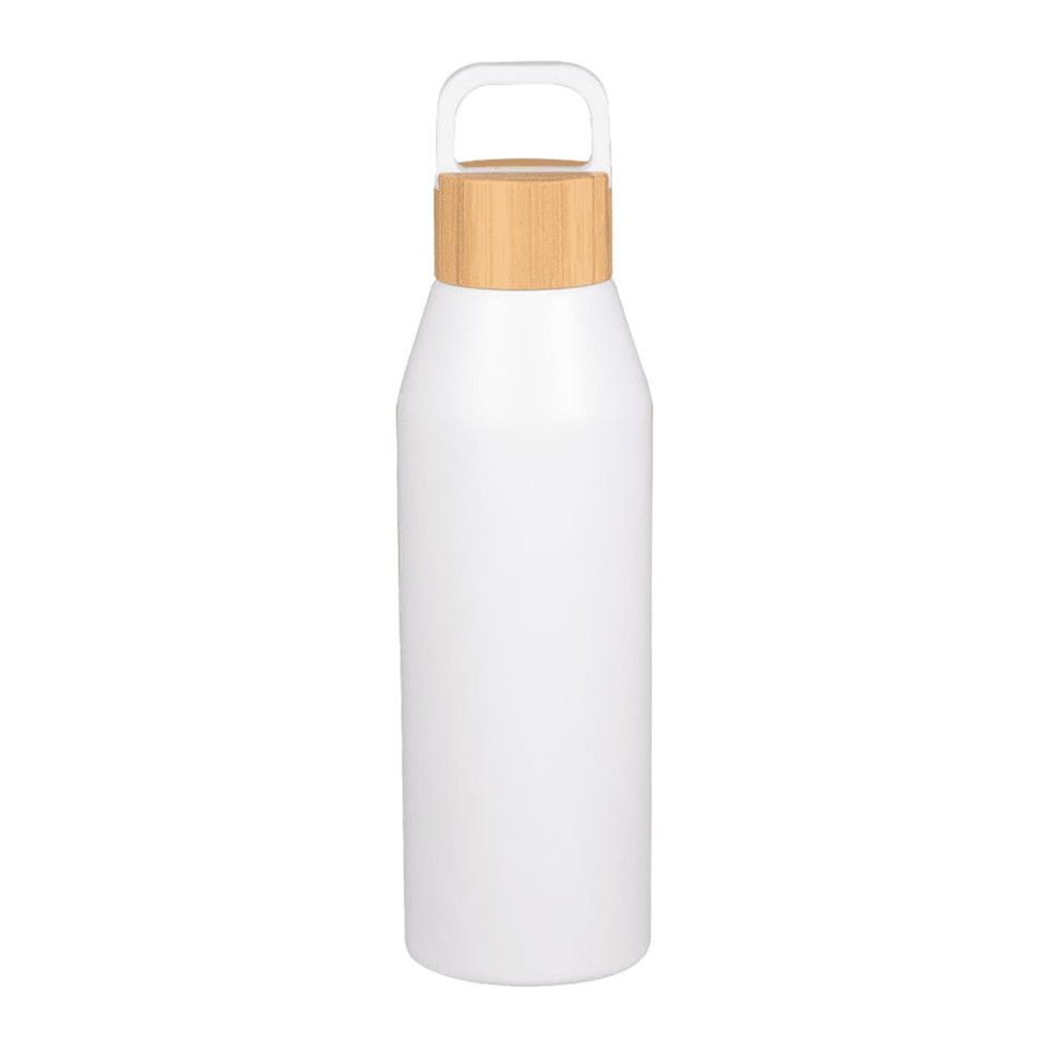 A drink bottle with a white body and a bamboo lid, featuring a handle for easy carrying. It has a logo on the surface.