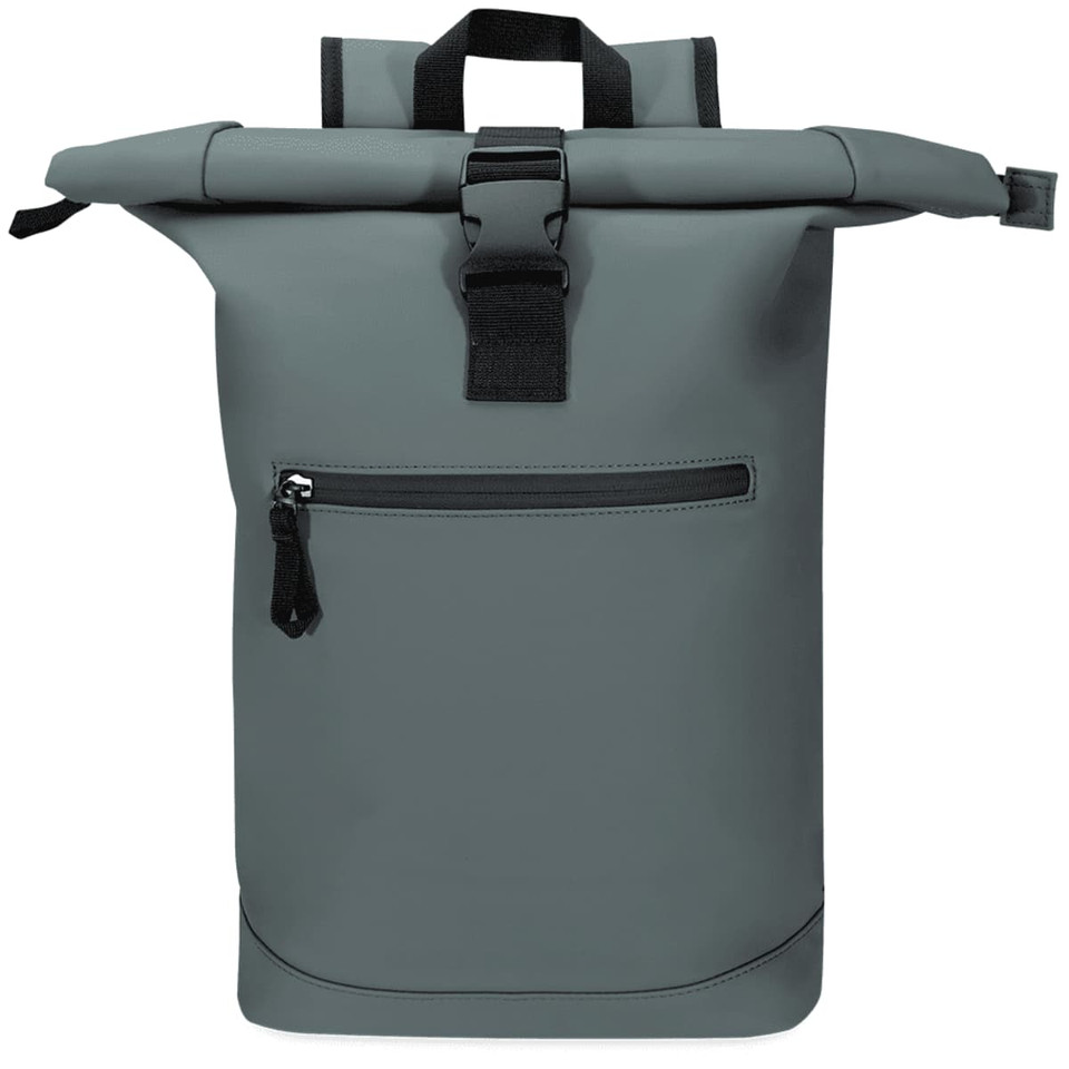 A grey roll-top backpack featuring a zippered front pocket and a secure buckle closure. Brand logo present.