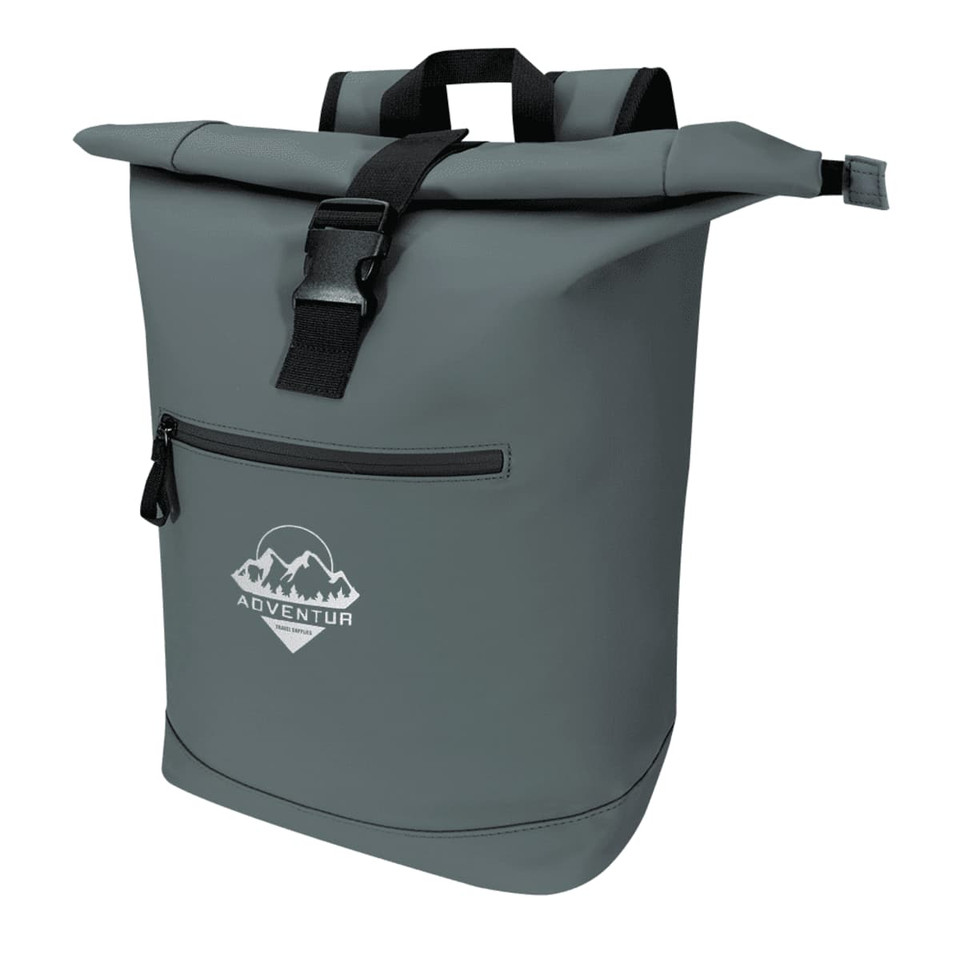 A grey roll-top backpack with a front zip pocket and a logo. Features adjustable straps for carrying.