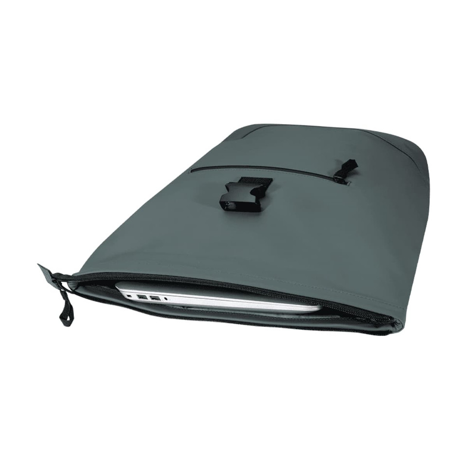 A grey roll-top backpack with a zippered compartment containing a laptop and an exterior pocket, featuring a logo.