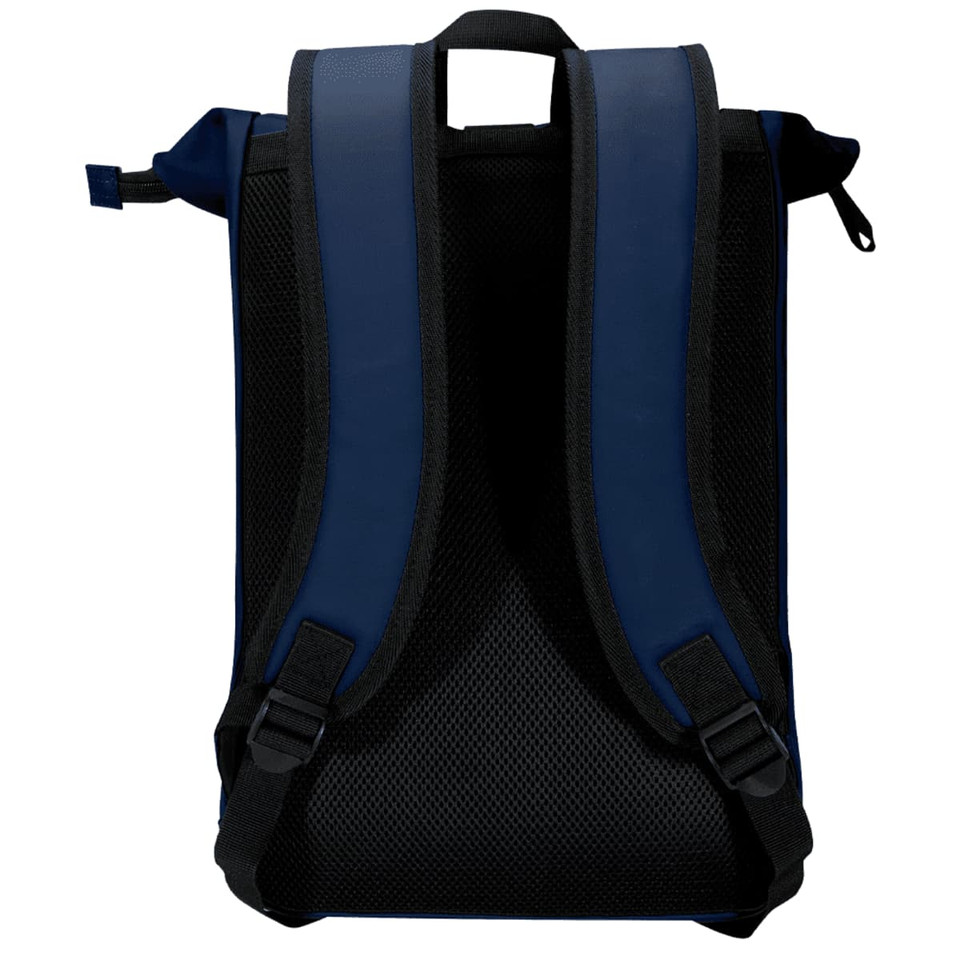 A navy blue roll-top backpack with padded straps and a mesh back for comfort. It features a logo on the exterior.