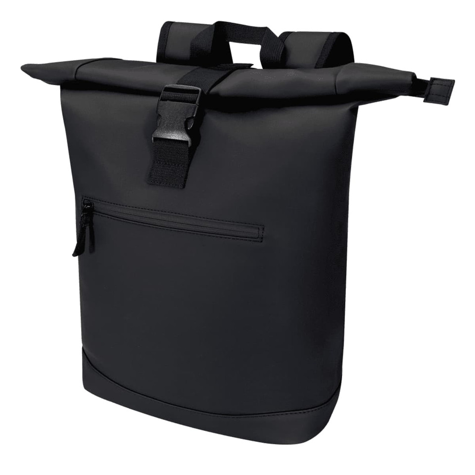 A black recycled roll-top backpack with adjustable straps and a zippered pocket on the back. It also features a logo.