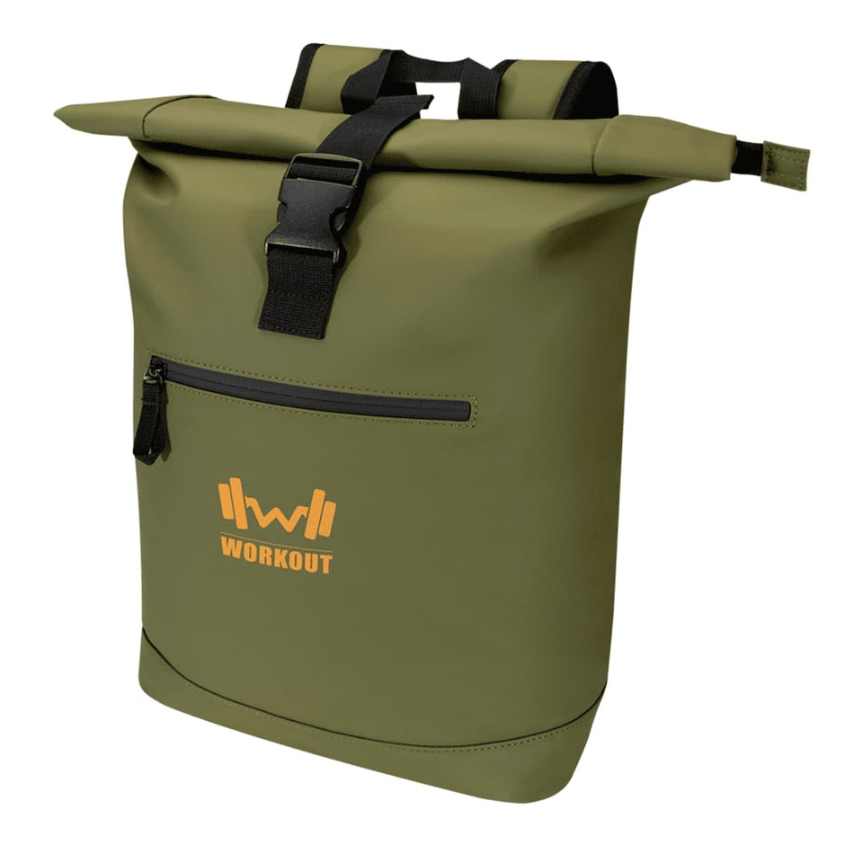 A green recycled roll-top backpack with a front zip pocket and a logo, featuring adjustable straps.