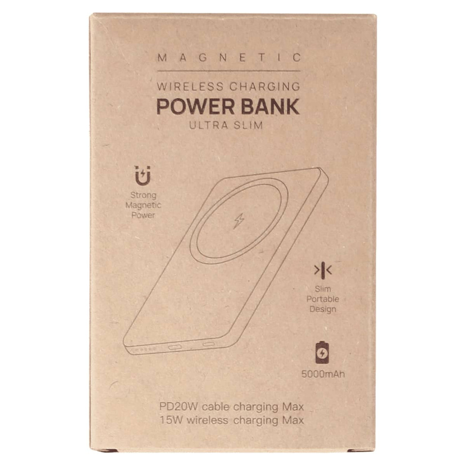 A slim, beige magnetic power bank with a wireless charging feature and a capacity of 5000 mAh.