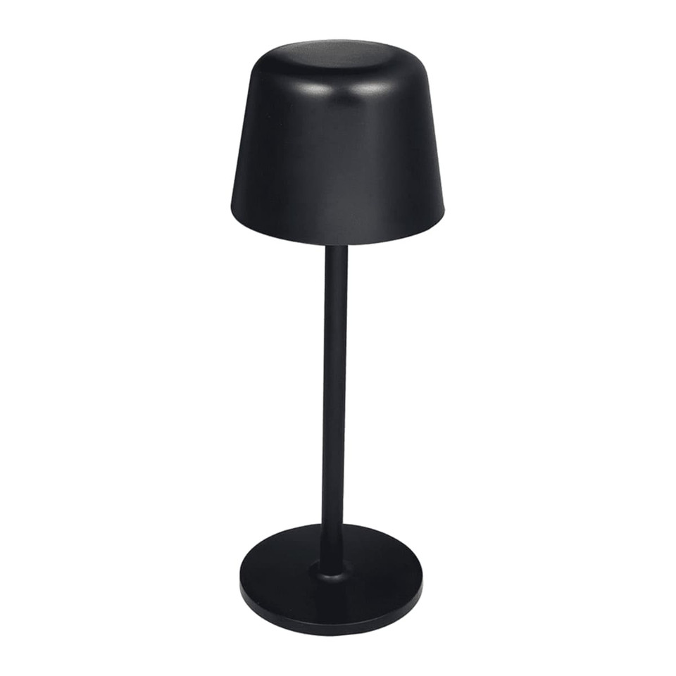 A black recycled mini rechargeable lamp with a cone-shaped shade and a circular base.