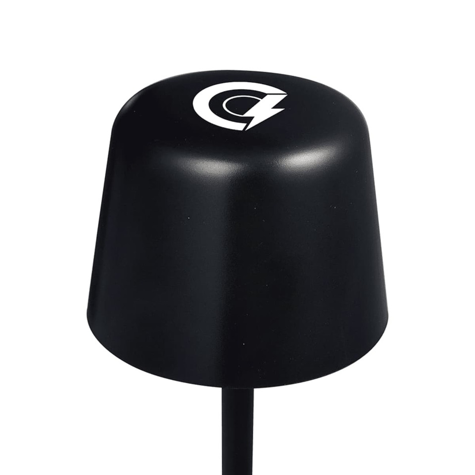 A black mini rechargeable lamp with a rounded top and a logo on the front. The lamp has a slender base.