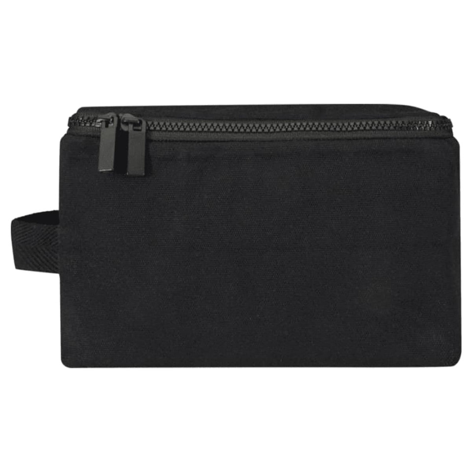 A black toiletry organiser with a zip closure and a carrying handle, designed for storage convenience.