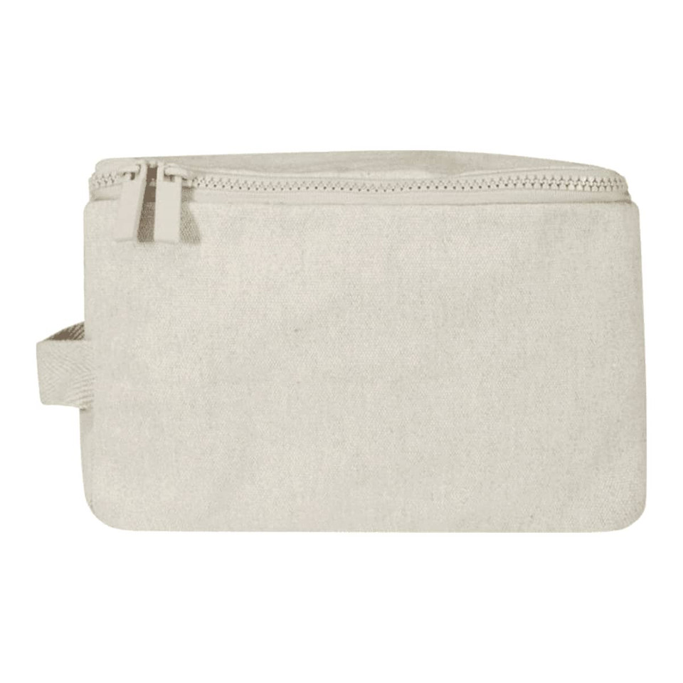 A toiletry organiser in a neutral cream colour with a zip closure and a small handle. It features a simple design.