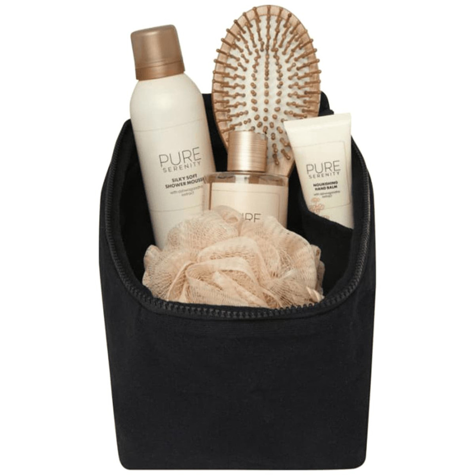 A black toiletry organiser filled with a body wash, lotion, hairbrush, and a loofah. It features a logo.