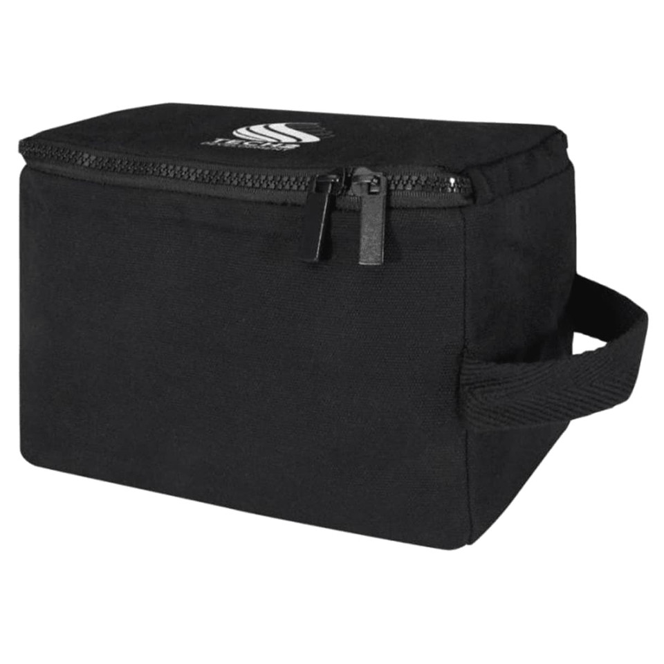 A black toiletry organiser with a zip closure and a side handle, featuring a logo on the front.