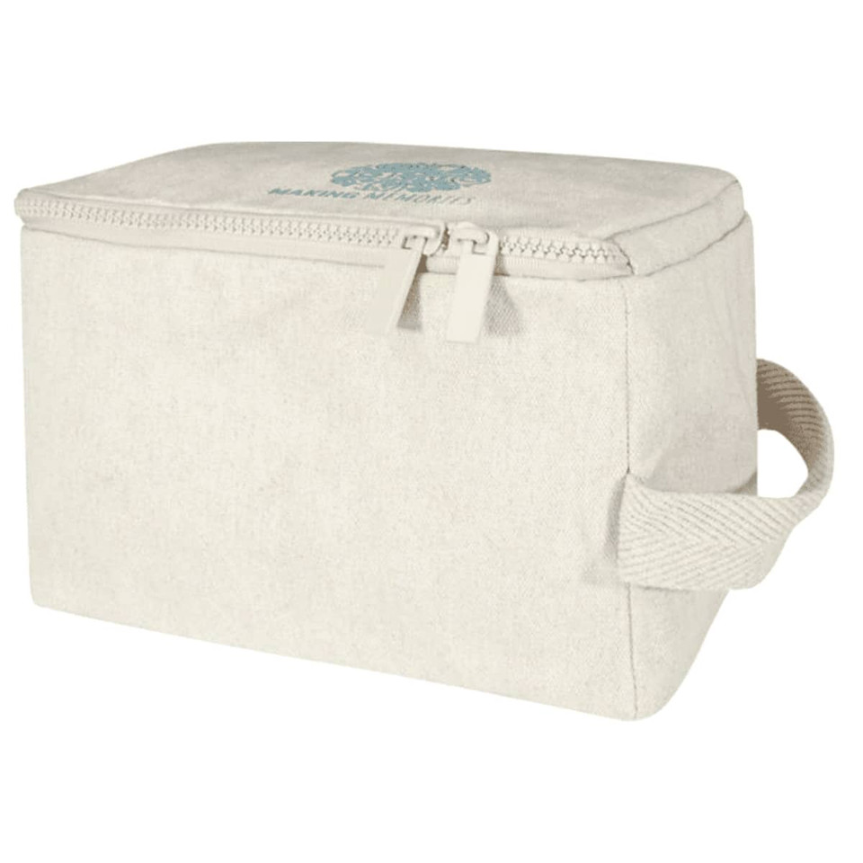 A cream toiletry organiser with a zip closure and a handle, featuring a logo on the front.