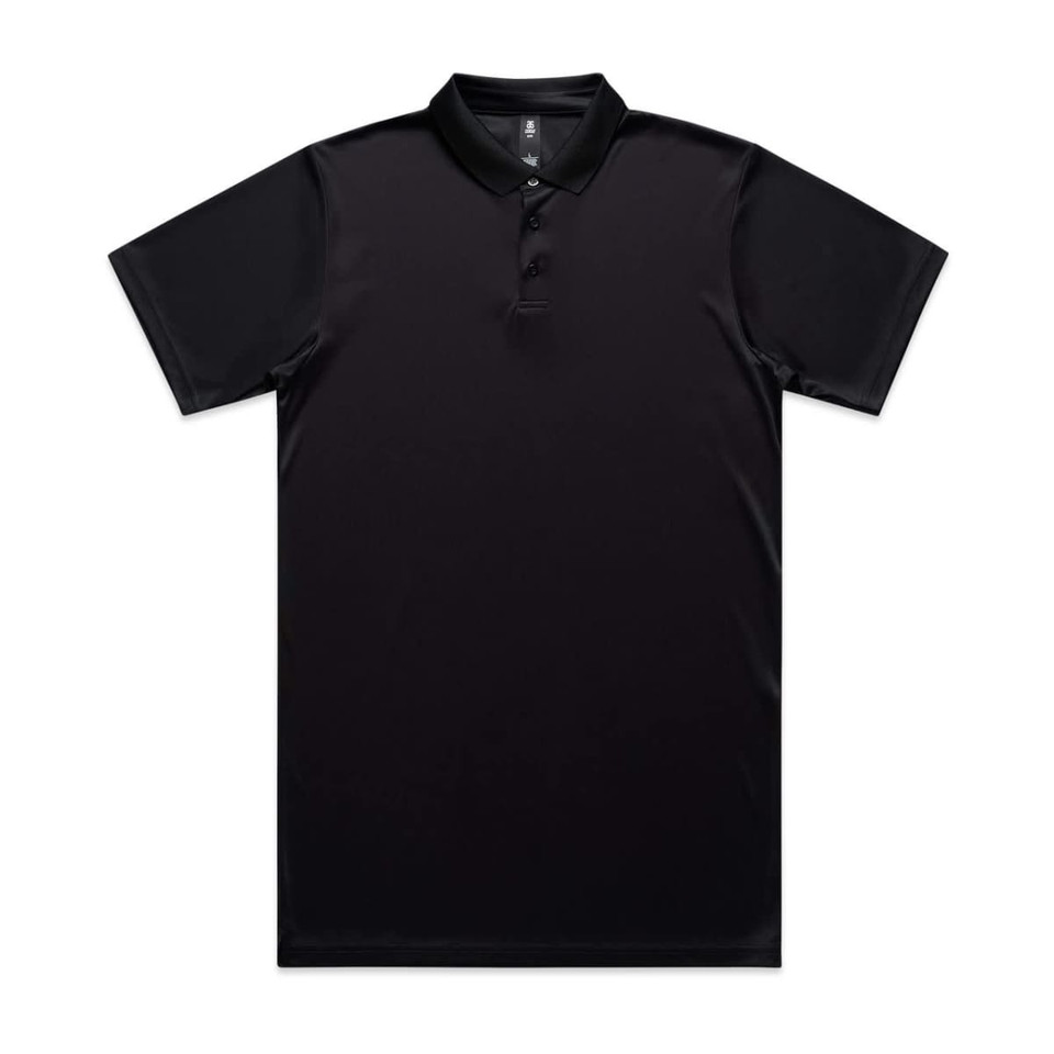 A black polo shirt featuring a collar and buttons, with a logo on the front. Suitable for workwear.