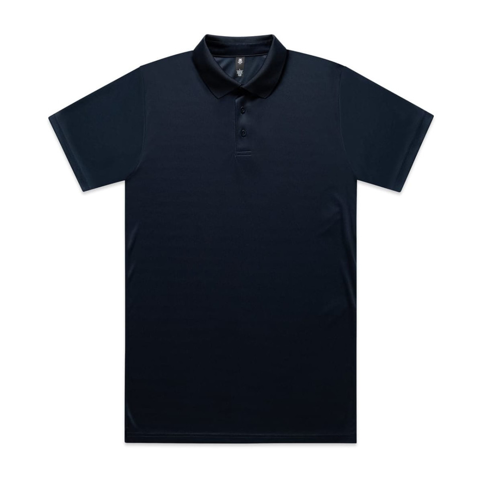 A dark navy polo shirt with a collar and three buttons. It features a logo on the fabric.