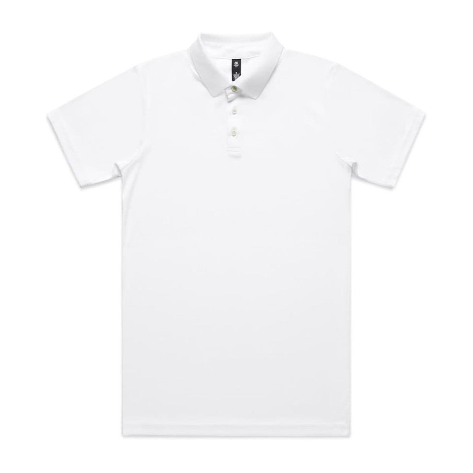 A white polo shirt with a collar and buttons, featuring a logo on the chest. Suitable for workwear.