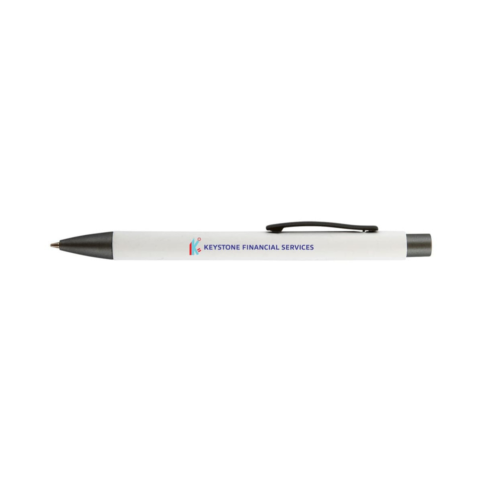 A white pen with a black tip and clip, featuring a logo on its side.