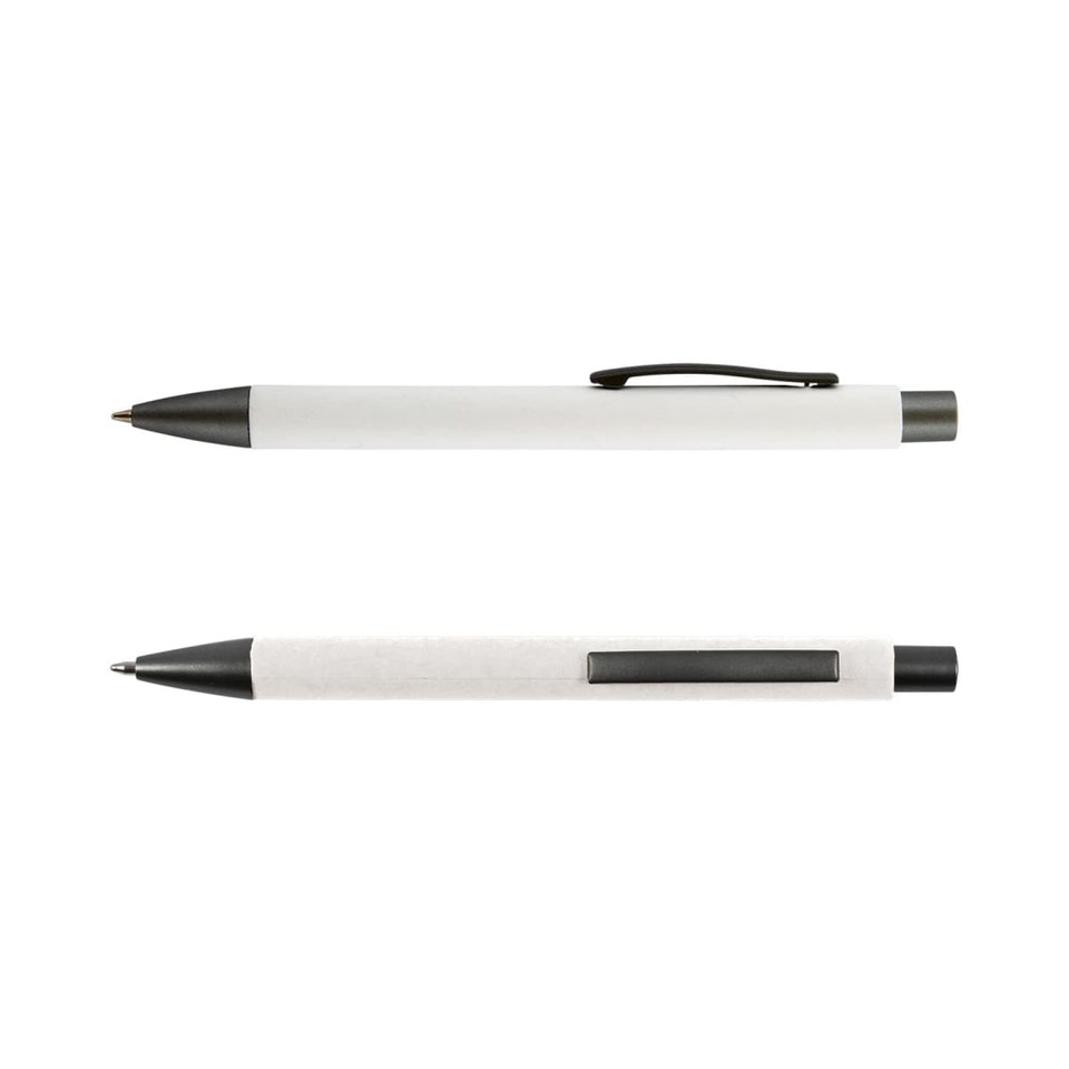A set of two Aspen Paper Pens in white with black accents, featuring clips for easy attachment.