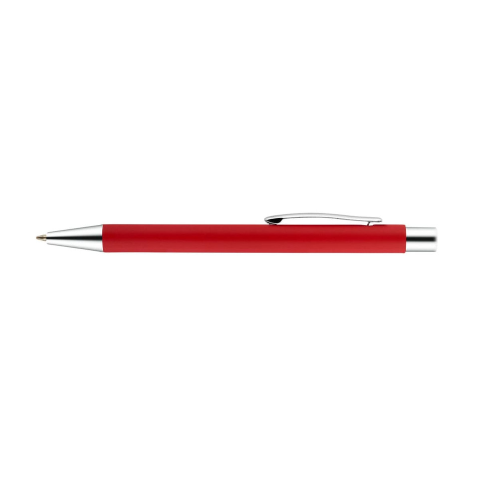 A red aluminium pen with a silver clip and trim, featuring a logo.