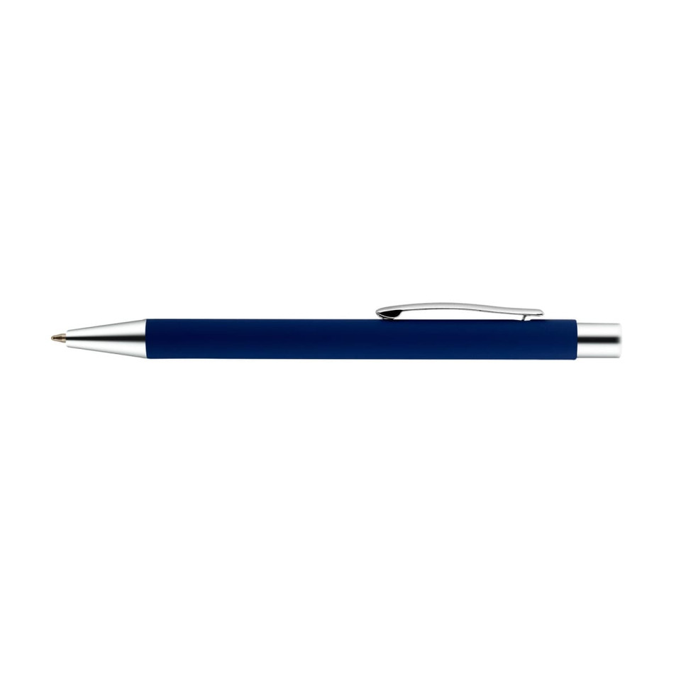 A navy blue aluminium pen with a silver clip and accents, featuring a logo on the barrel.
