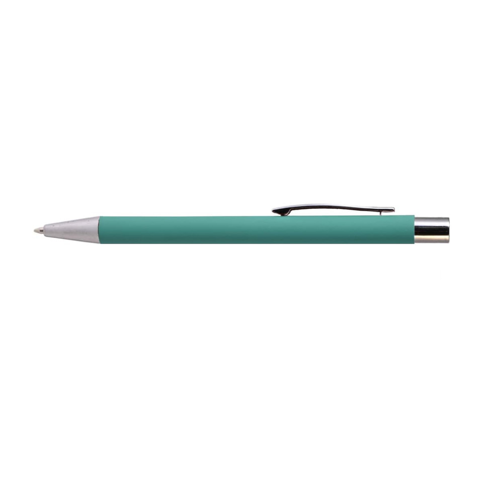 A metal pen in teal color with a silver clip and tip, designed for writing.