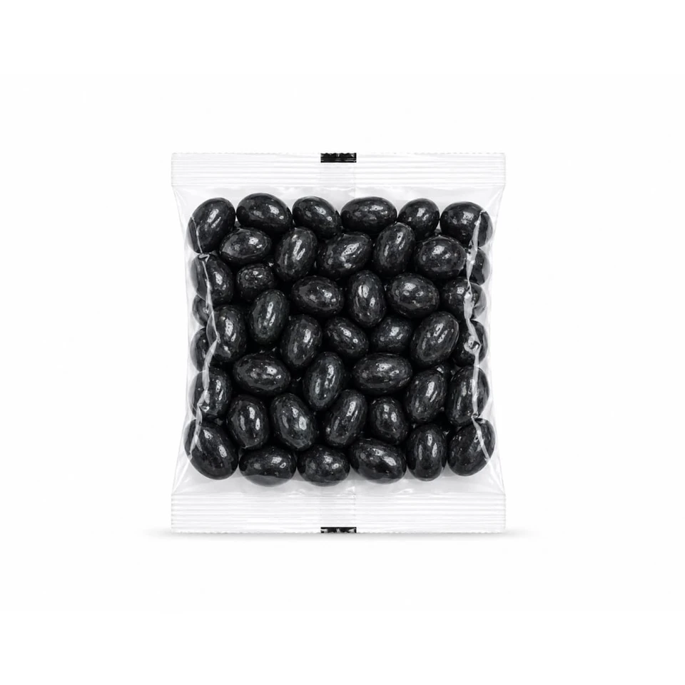 A clear cello bag filled with shiny black jelly beans, neatly packaged.