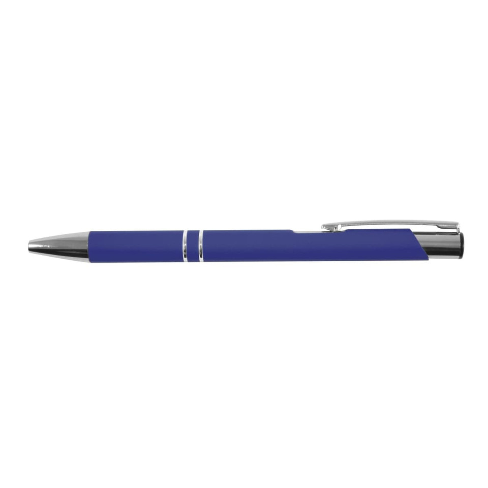 A blue metal pen with a glossy finish and a silver clip, featuring a simple design.