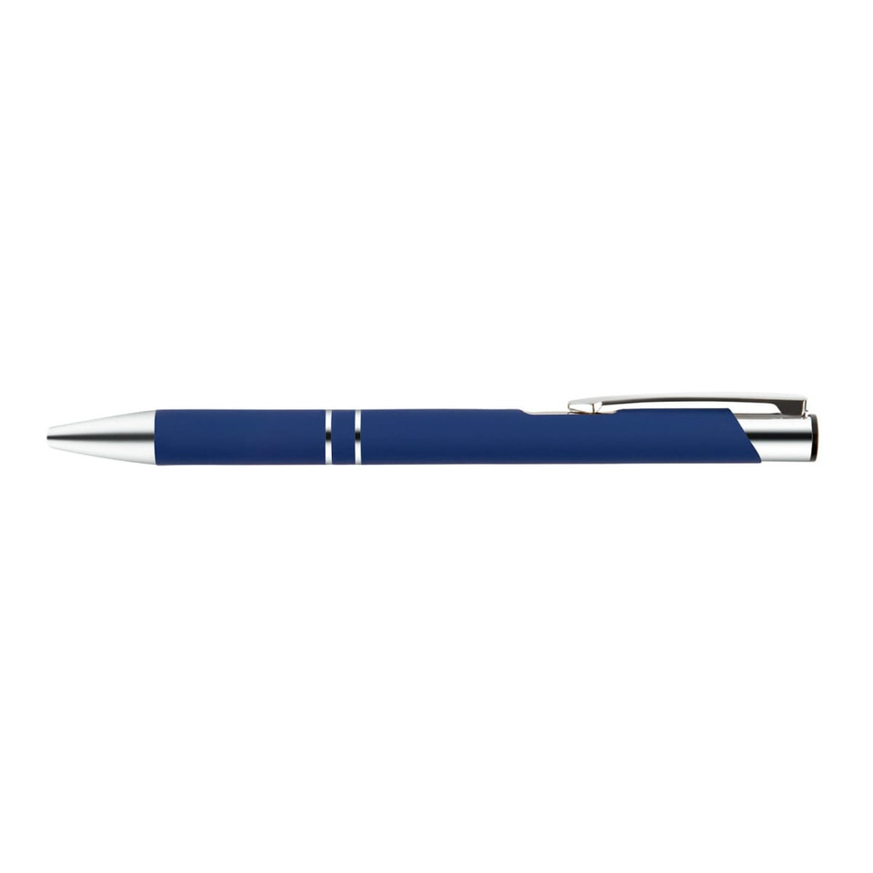 A metal pen in a sleek blue finish with silver accents, featuring a polished clip and modern design elements.