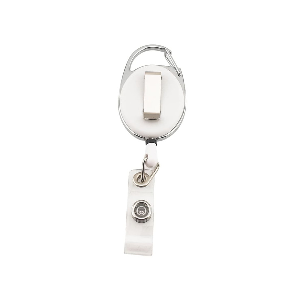 A Premium Retractable ID Badge Holder featuring a clip for attachment and a retractable cord for easy access.