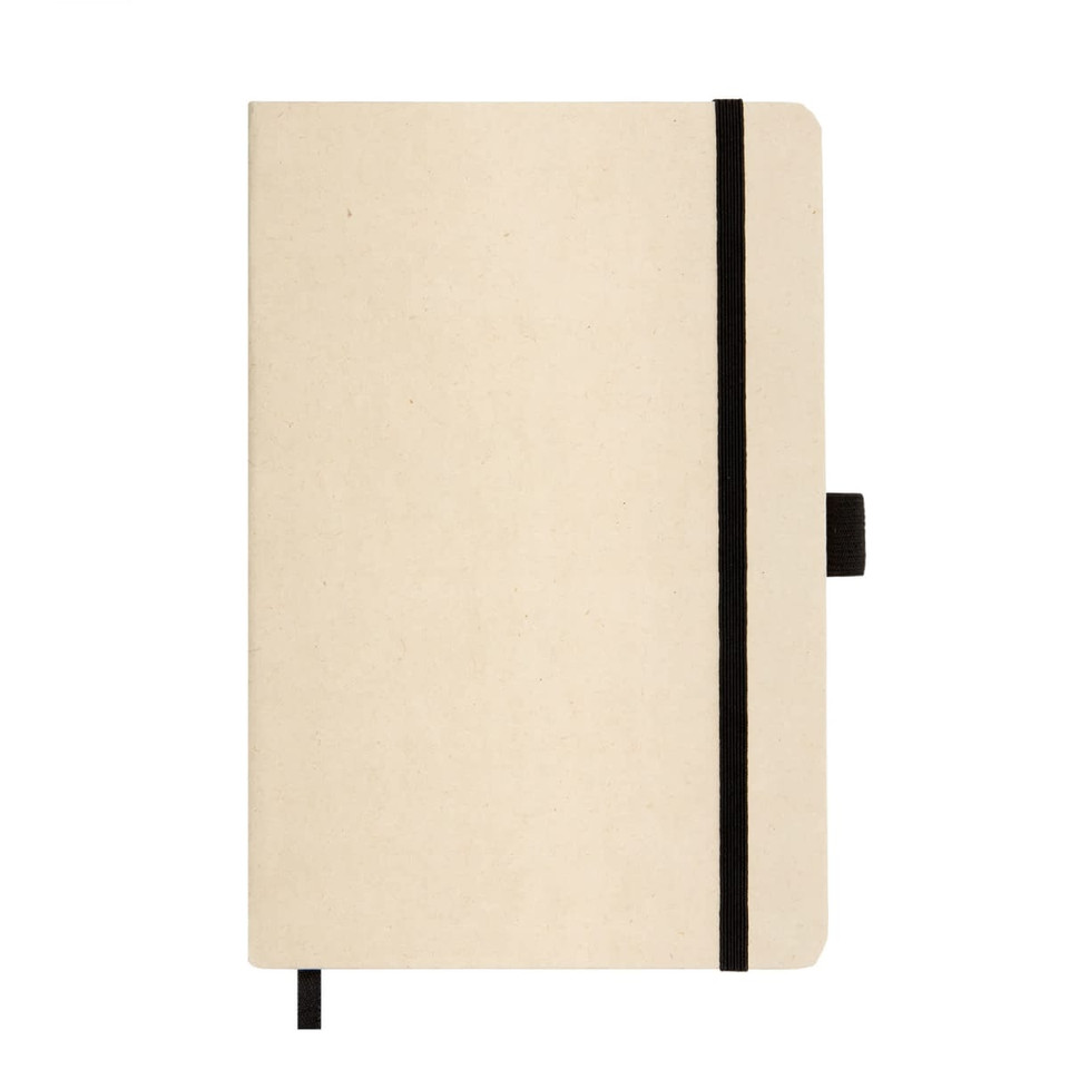 A beige A5 notebook with a black elastic band and ribbon bookmark, featuring a logo on the cover.