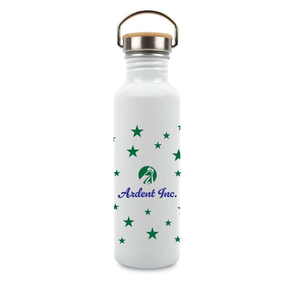 A drink bottle in white featuring a green logo and star pattern, topped with a wooden cap and metal handle.