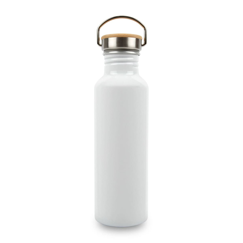 A drink bottle in white with a stainless steel lid and wooden loop. It features a logo on the surface.