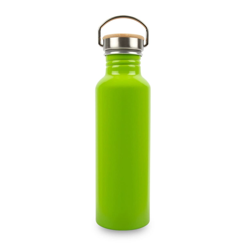 A drink bottle made of recycled aluminium in bright green with a stainless steel cap and bamboo accent.