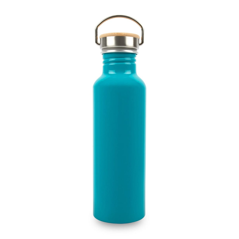 A drink bottle in bright turquoise with a stainless steel top and a wooden cap, featuring a logo.