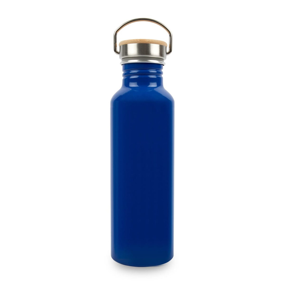 A drink bottle made of recycled aluminium in a bright blue colour, featuring a stainless steel lid and a wooden handle.