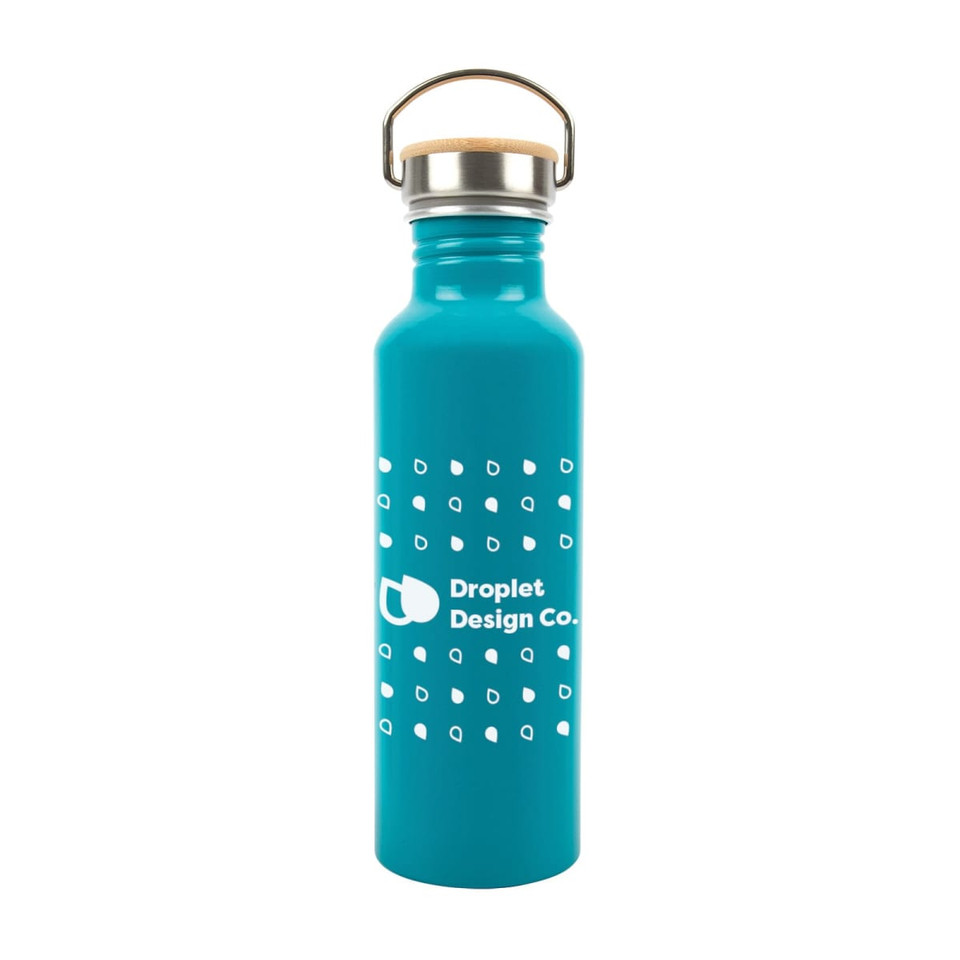 A drink bottle in turquoise with a stainless steel lid and a logo prominently displayed on the front.