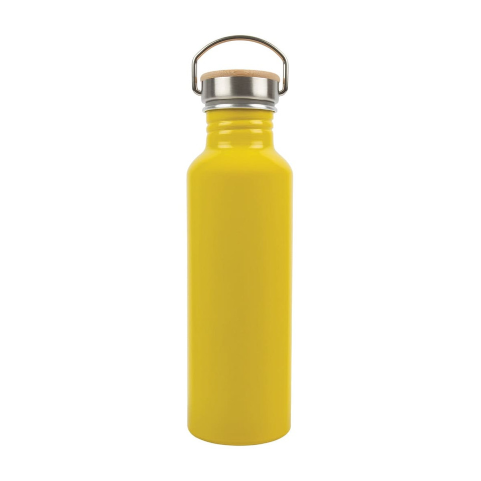 A drink bottle made of recycled aluminium, featuring a vibrant yellow finish and a metal lid with a cork accent.