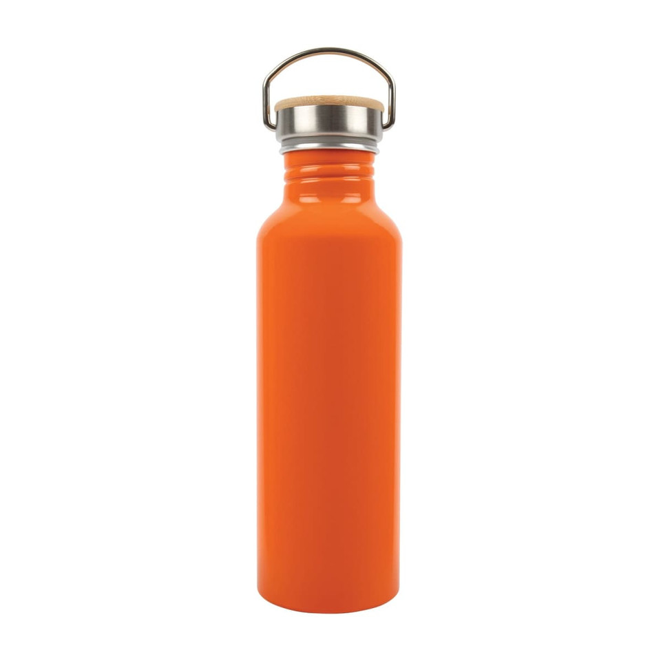 A drink bottle made of recycled aluminum in a vibrant orange color, featuring a stainless steel cap and a sturdy handle.