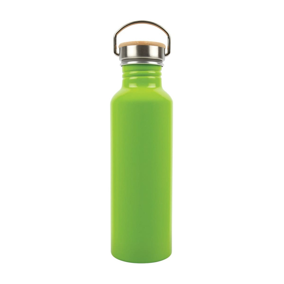 A drink bottle made of recycled aluminum with a vibrant green finish and a metal cap featuring a wooden handle.