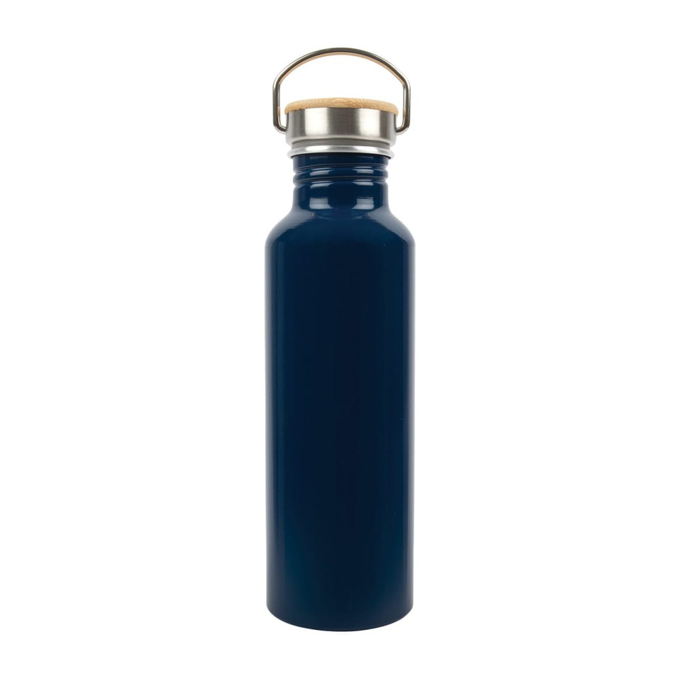 A drink bottle made of recycled aluminum with a navy blue finish and a wooden cork lid.
