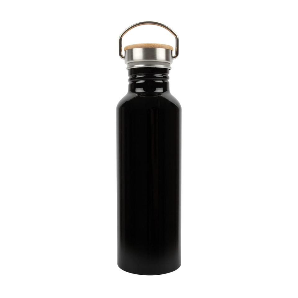 A drink bottle made of recycled aluminum, featuring a black finish and a metal handle with a cork top.