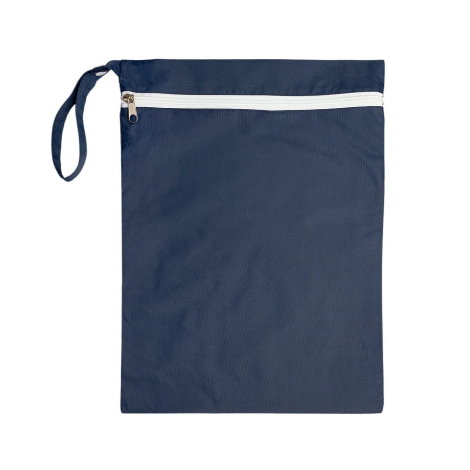 A navy blue Cosi Wet Bag with a white zipper and a convenient handle. 