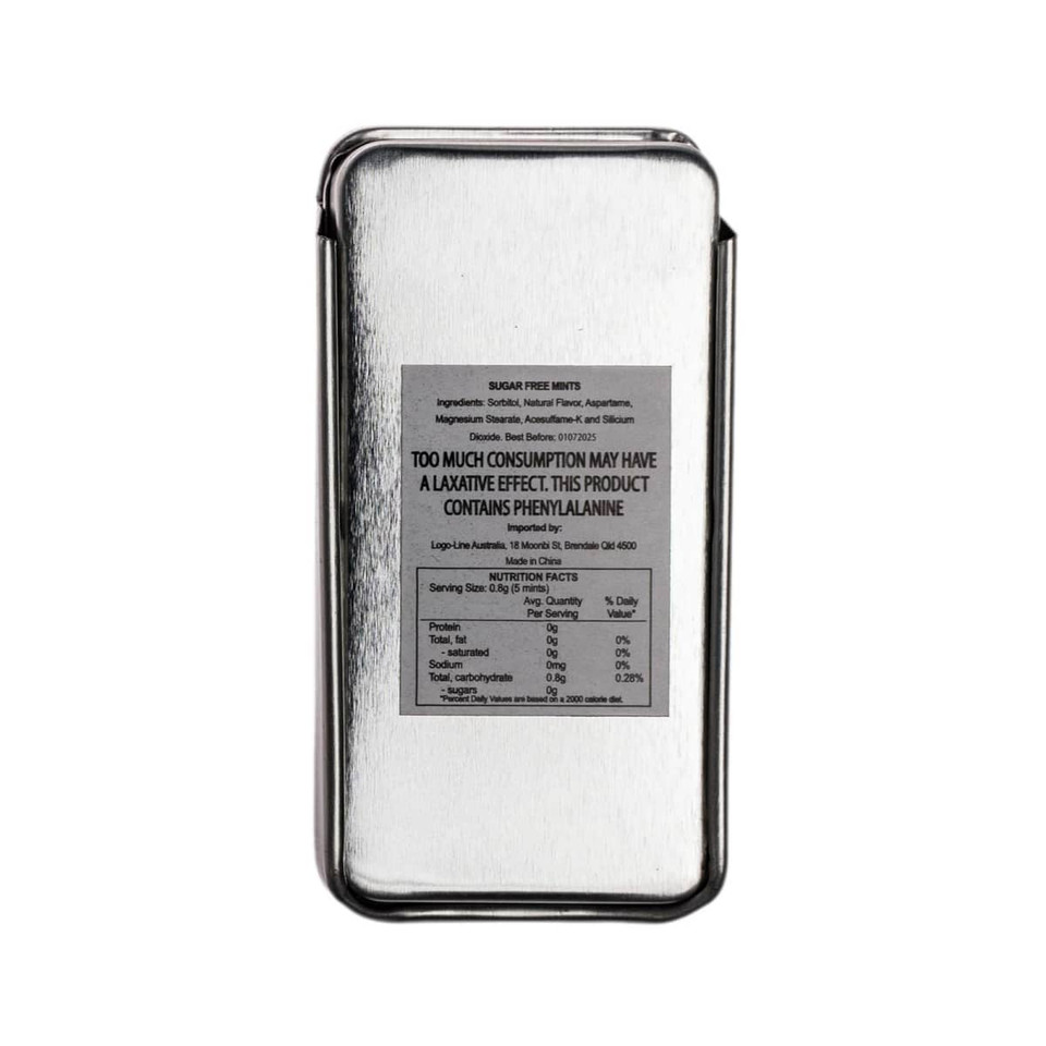 A silver slider tin containing sugar-free mints, featuring a nutrition label on the front.