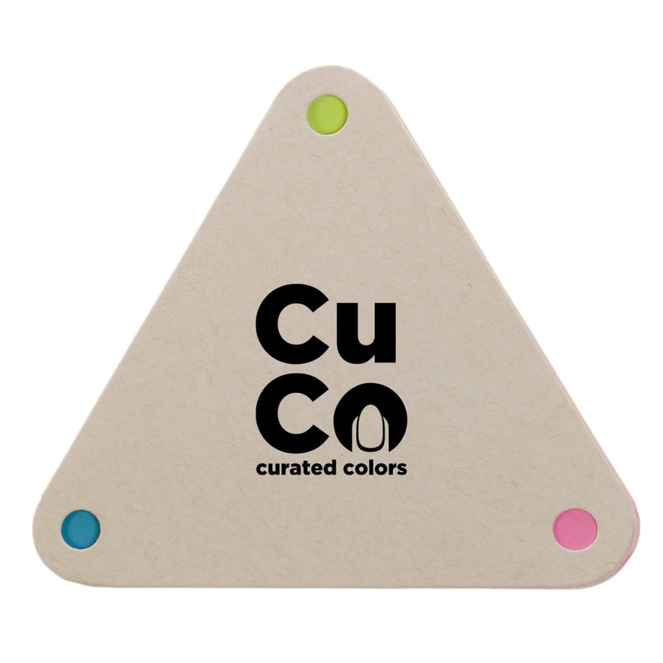 A triangular sticky note pad in beige with a logo and colored accents in pink, blue, and green at the corners.