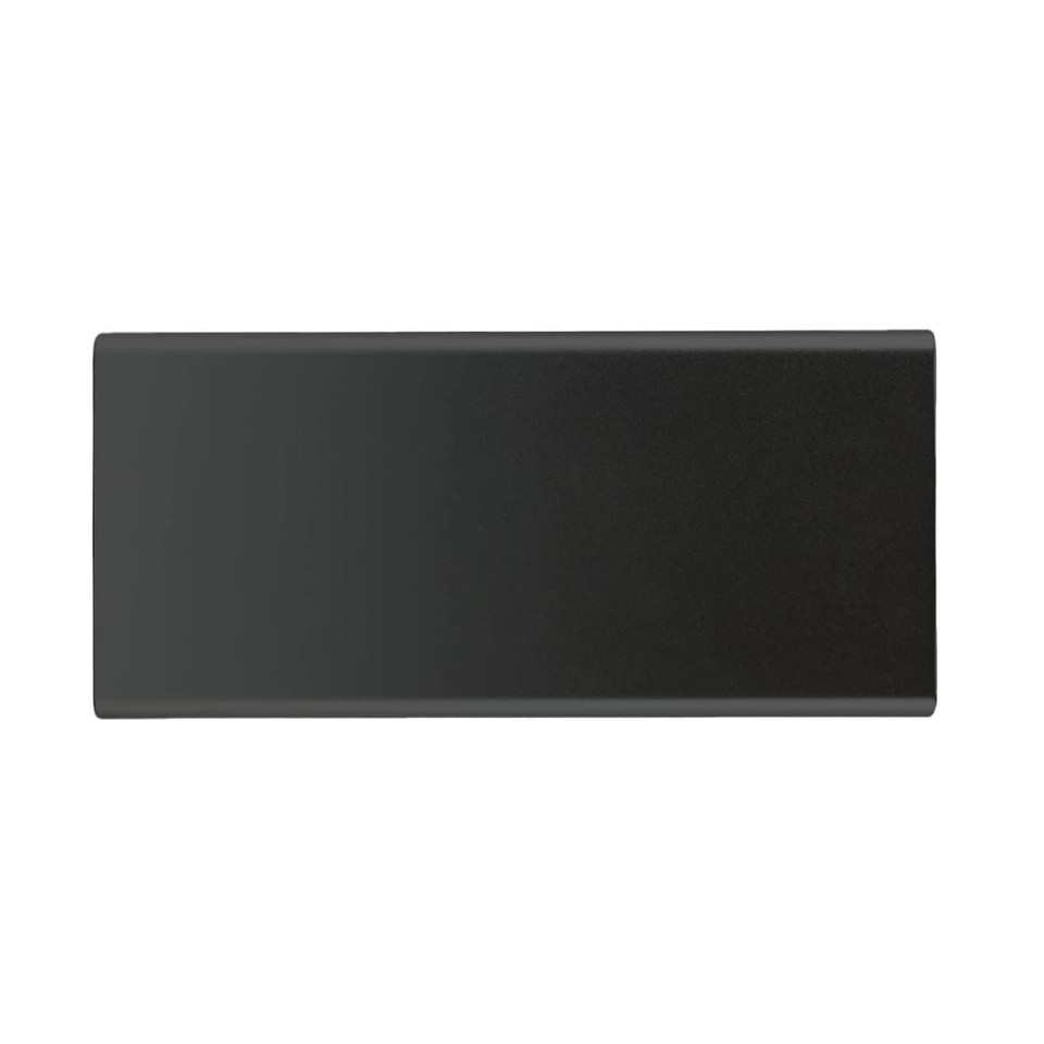 A sleek black power bank with a smooth surface and a logo, designed for charging devices on the go.