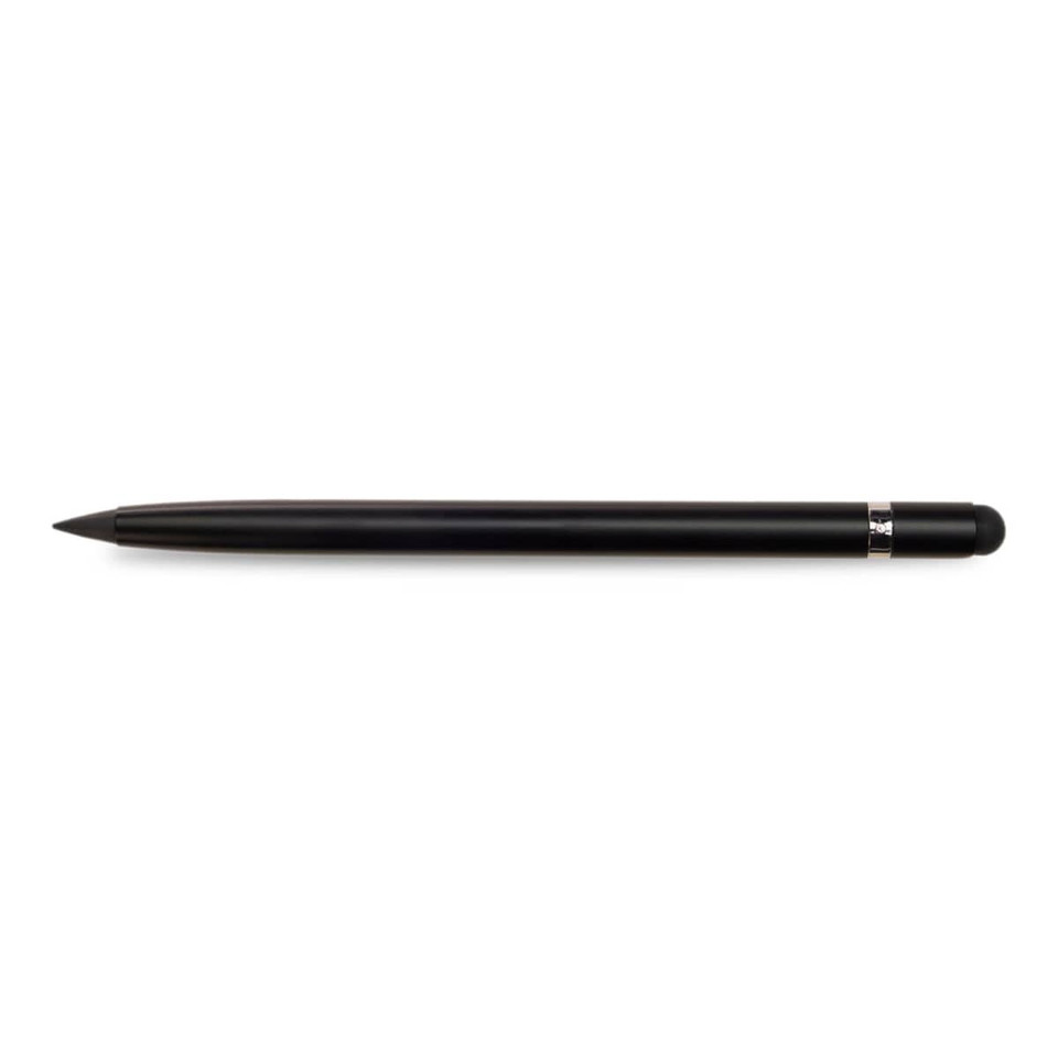 A black aluminium inkless pen with a sleek design and a metallic accent. It features a logo on the barrel.