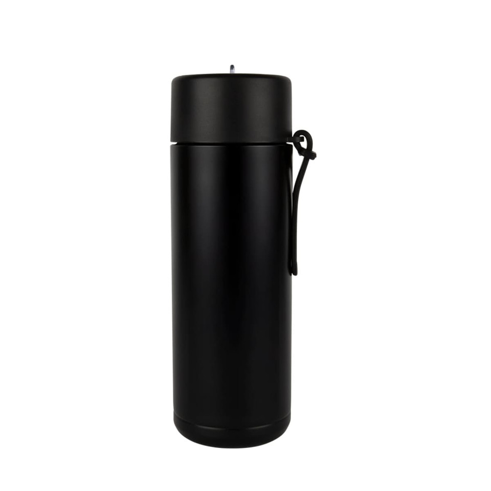 A drink bottle in matte black finish with a screw-top lid and a carrying strap, featuring a logo.