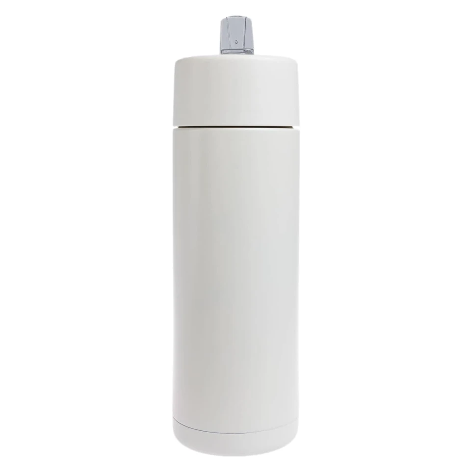 A drink bottle in white, featuring a sleek design and a grey lid, with a logo visible.