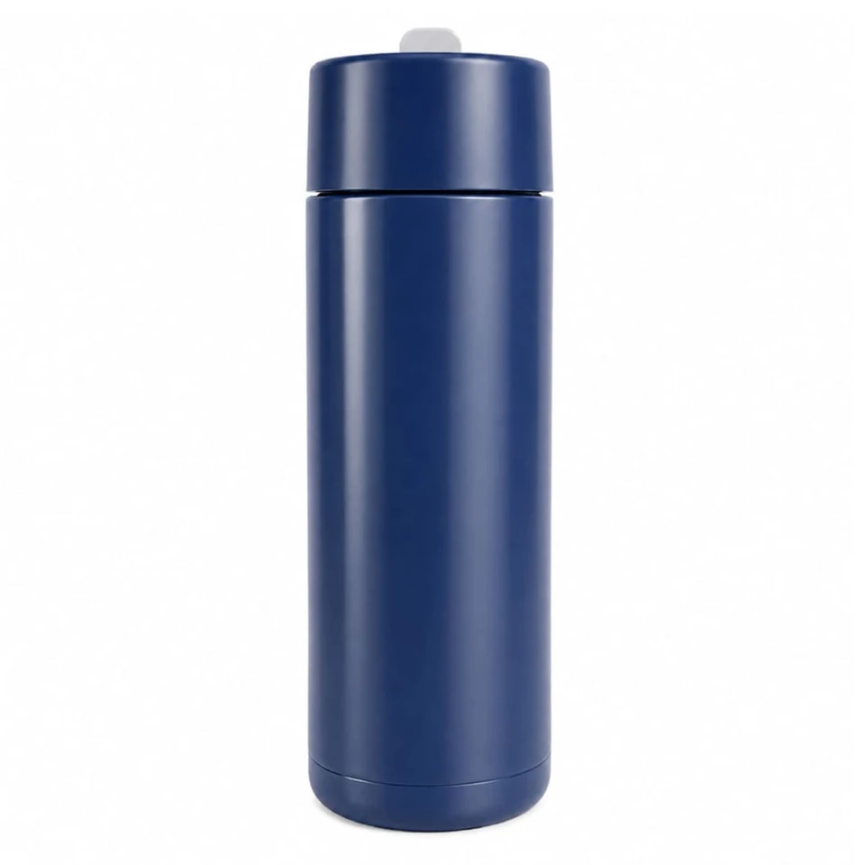 A drink bottle in navy blue with a sleek, stainless steel design and a logo on the surface.